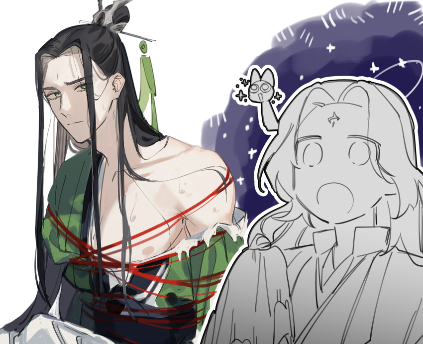 2boys :o bindi black_hair bondage bondage bound chinese_clothes dazed facial_mark forehead_mark furrowed_brow green_ribbons hair_bun hanfu highres holding holding_unworn_clothes long_hair long_sleeves looking_at_viewer luo_binghe male_focus multiple_boys noroinoenojin open_mouth partially_colored partially_undressed pectoral_cleavage pectorals red_rope renzha_fanpai_zijiu_xitong ribbon ribboned_xiao_guan rope shen_qingqiu star_(symbol) sweatdrop torn_clothes upper_body white_background xiao_guan_(headdress) yaoi zuiyin