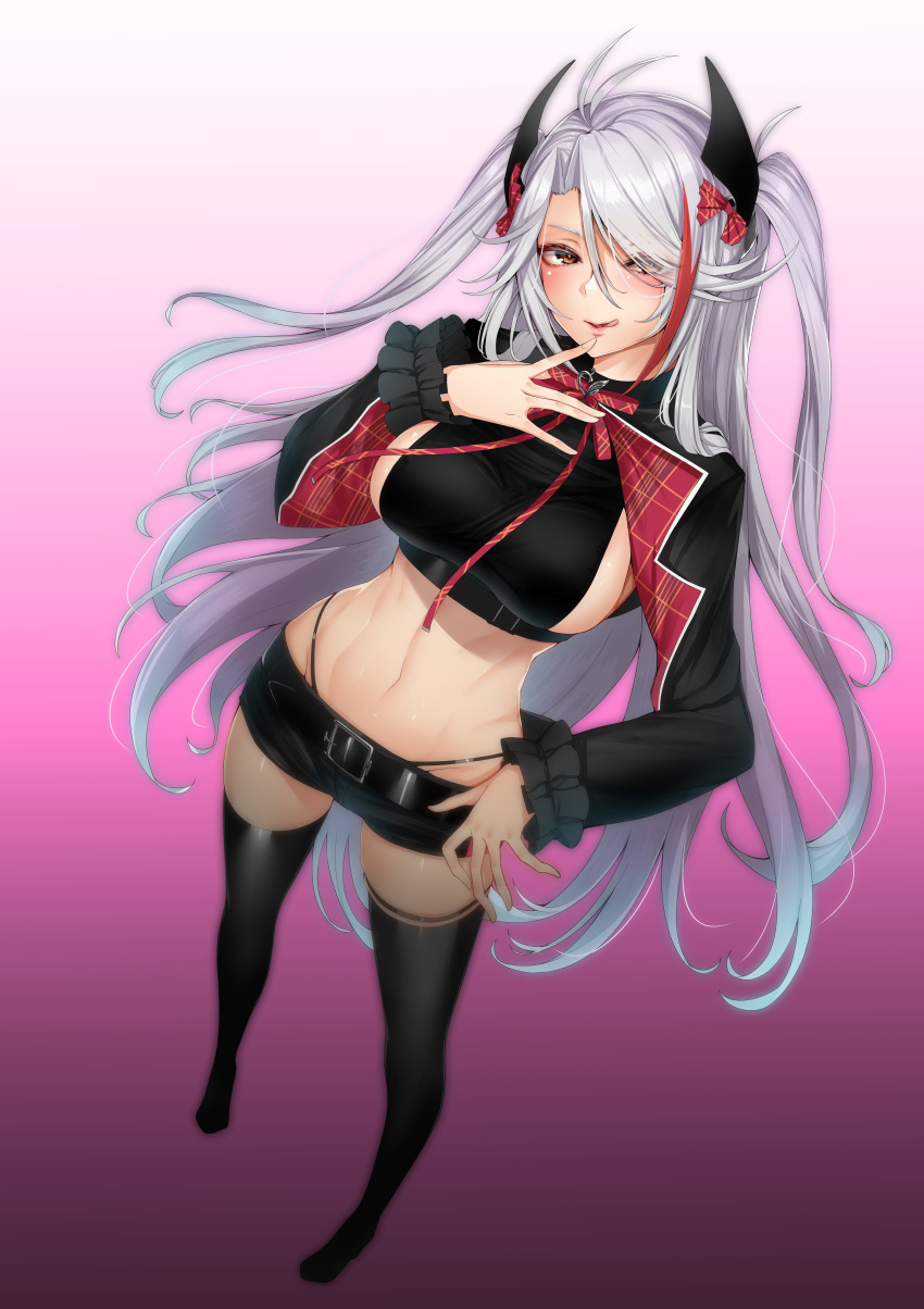 absurdres antenna_hair azur_lane black_footwear black_shorts black_thighhighs blush boots bow bowtie breasts commentary commission crop_top cropped_jacket female finger_to_mouth from_above full_body gradient_background grey_hair hair_between_eyes hair_ornament hairbow high_heel_boots high_heels highleg highleg_panties highres idol idol_clothes large_breasts licking_lips long_hair long_sleeves looking_at_viewer midriff miso_tanuki multicolored_hair navel official_alternate_costume panties panty_straps plaid_bow plaid_bowtie plaid_clothes prinz_eugen_(azur_lane) prinz_eugen_(muse)_(azur_lane) red_bow red_bowtie red_eyes red_hair short_shorts shorts shrug_(clothing) sideboob sideboob_cutout sideless_shirt skeb_commission solo standing stomach streaked_hair thighhighs tongue tongue_out twintails two_side_up underwear very_long_hair