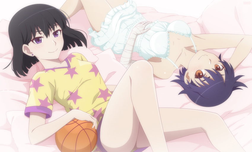 2girls absurdres arm_behind_head ball bandaged_arm bandages bare_shoulders basketball_(object) bed_sheet black_hair blunt_ends blush bob_cut breasts brown_eyes closed_mouth collarbone commentary dress earrings frilled_nightgown from_above from_side hair_between_eyes hand_on_own_stomach higasa_seiu highres jewelry kanbaru_suruga knee_up leo.comics light_blush looking_at_viewer looking_to_the_side looking_up loose_hair_strand lounging lying medium_breasts monogatari_(series) multiple_girls nightgown on_bed pajamas pillow purple_eyes purple_hair purple_pajamas purple_shorts rotational_symmetry shinobumonogatari short_hair short_sleeves shorts side-by-side sleeveless sleeveless_dress small_breasts smile spaghetti_strap star_(symbol) stud_earrings thick_eyebrows two-tone_pajamas v-neck very_short_hair white_nightgown yellow_pajamas