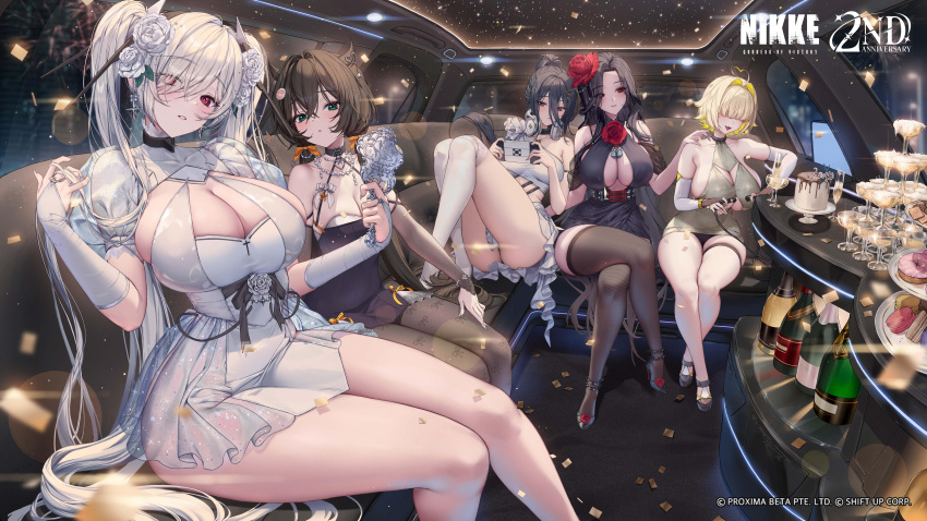 5girls absurdres ahoge alcohol alternate_costume anniversary artist_request black_choker black_collar black_dress black_footwear black_hair black_panties black_pantyhose black_thighhighs blonde_hair blush bottle bracelet breasts bridal_gauntlets brown_hair cable cake car_interior champagne_tower choker cinderella_(nikke) cleavage cleavage_cutout closed_mouth clothing_cutout collar commentary confetti cookie crop_top crossed_legs cup curvy doughnut dress drinking_glass earrings elegg_(nikke) english_commentary exia_(nikke) eyelashes eyes_visible_through_hair feet_out_of_frame fireworks flower food food-themed_hair_ornament full_body furrowed_brow glint gloves goddess_of_victory:_nikke green_eyes grey_dress hair_flower hair_horns hair_intakes hair_ornament hair_over_eyes hair_ribbon handheld_game_console heart heart_ahoge heart_hair_ornament high_heels high_ponytail highres holding holding_cable holding_handheld_game_console holding_mirror holding_own_hair jewelry kamaboko large_breasts limousine limousine_interior lock long_bangs long_hair looking_at_viewer low_twintails macaron maiden_(nikke) medium_breasts mirror multiple_girls narutomaki narutomaki_hair_ornament necklace night oerba_yun_fang official_art open_mouth orange_ribbon padlock padlocked_collar panties panty_peek pantyhose parted_bangs parted_lips pearl_bracelet pearl_necklace pencil_dress purple_eyes red_eyes ribbon rose second-party_source see-through_clothes see-through_dress short_dress short_hair sitting skirt sleeveless sleeveless_dress smile spiked_anklet star_(symbol) star_earrings thigh_strap thighhighs tiered_tray trony_(nikke) twintails underwear watermark white_dress white_flower white_gloves white_hair white_rose white_skirt white_thighhighs wine_glass