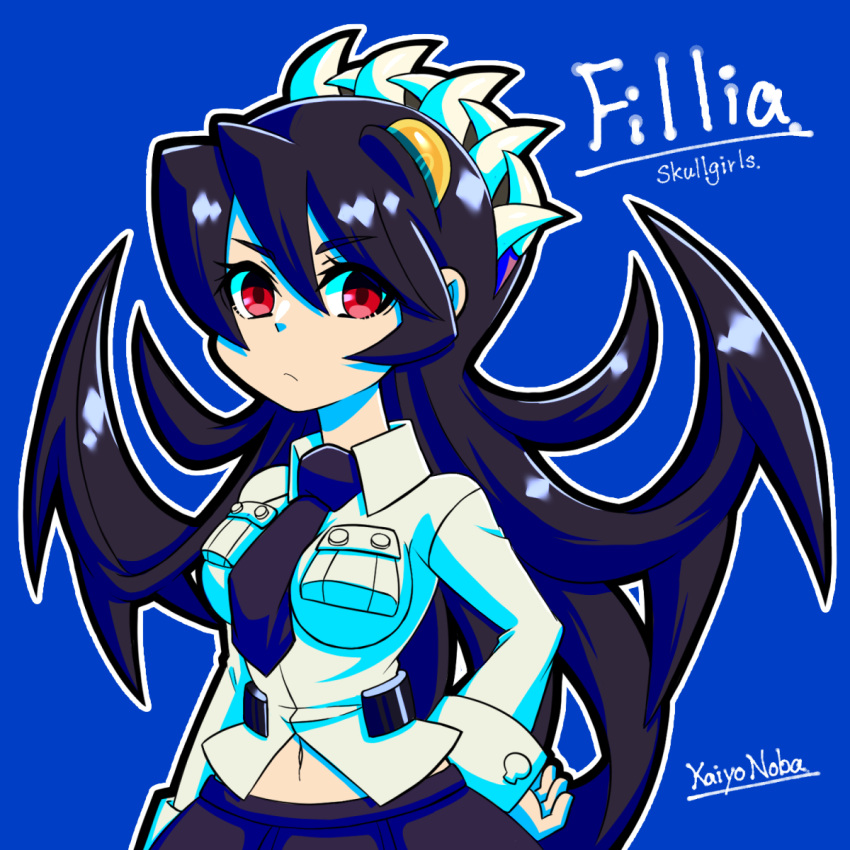 artist_name black_necktie black_skirt blue_background character_name closed_mouth collared_shirt copyright_name eyelashes female filia_(skullgirls) hair_between_eyes highres kaiyo_noba living_hair long_hair looking_at_viewer midriff_peek navel necktie outline red_eyes shirt skirt skullgirls solo upper_body very_long_hair white_outline