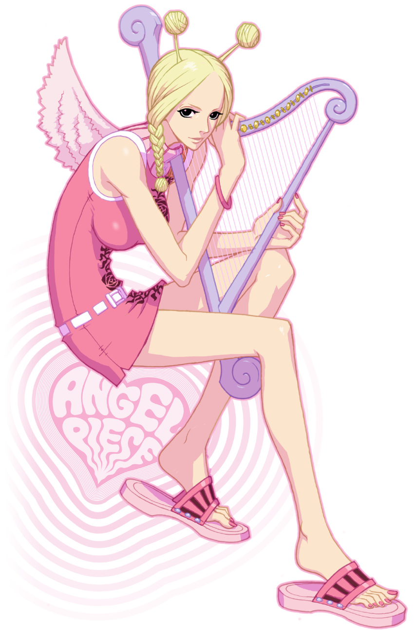 antenna_hair belt black_eyes blonde_hair bracelet braided_twintails breasts conis_(one_piece) dress female flip-flops harp highres instrument jewelry looking_at_viewer medium_breasts one_piece outline pink_dress pink_footwear pink_nails pink_outline pink_wings print_dress q-bit sandals shadow simple_background sleeveless sleeveless_dress solo white_background white_belt wings