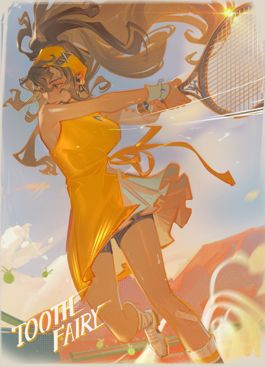 absurdres bandaid bandaid_on_leg bare_shoulders bike_shorts black_shorts blue_sky breasts brown_eyes brown_hair character_name cloud dress female floating_hair foot_out_of_frame glint hairband highres holding holding_racket leg_up long_hair looking_to_the_side medium_breasts outdoors playing_sports ponytail racket reverse:1999 shoes short_dress shorts shorts_under_dress sky sleeveless sleeveless_dress sneakers socks solo sportswear standing standing_on_one_leg tennis_dress tennis_racket tennis_uniform tooth_fairy_(ace_through_the_bagel)_(reverse:1999) tooth_fairy_(reverse:1999) white_footwear white_socks white_wristband yellow_dress yellow_hairband yodenn_4