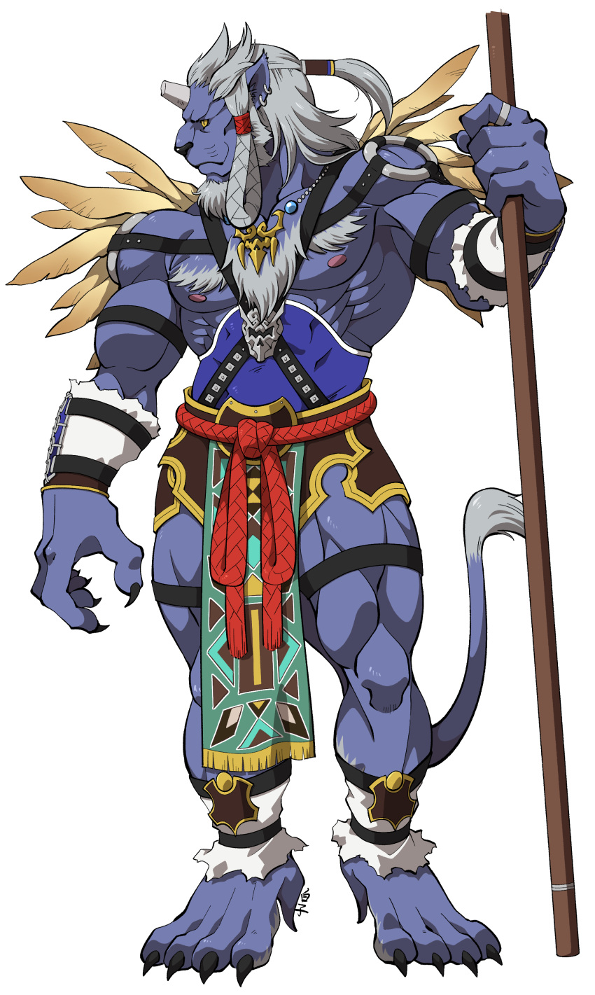 1boy abs absurdres bara beard biceps blue_fur braid broken_horn cat_nose chest_fur claws colored_sclera earrings facial_hair feathers final_fantasy final_fantasy_x furry furry_male gauntlets hairband highres holding holding_polearm holding_weapon horns jewelry kimahri_ronso lion_tail loincloth long_hair looking_to_the_side male_focus muscular muscular_male necklace nipples pectoral_cleavage pectorals polearm ponytail ring ronso shirako_(kirupi) slit_pupils strap tail weapon white_background white_hair yellow_sclera