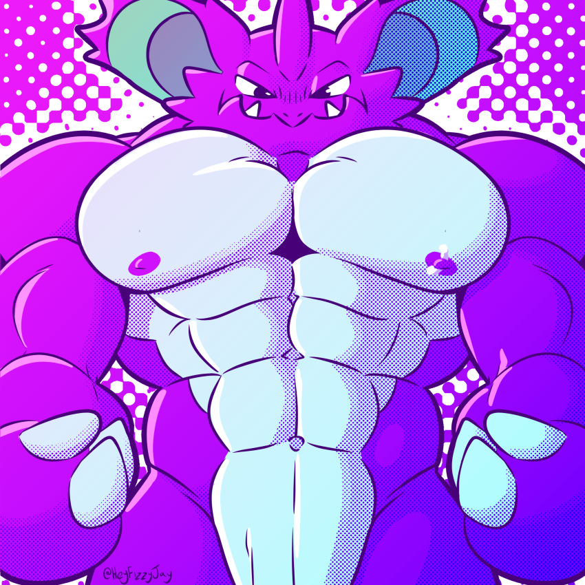 anthro digital_media_(artwork) fizzyjay generation_1_pokemon hi_res looking_at_viewer male mammal muscular muscular_male nidoking nintendo nipples pokemon pokemon_(species) simple_background solo