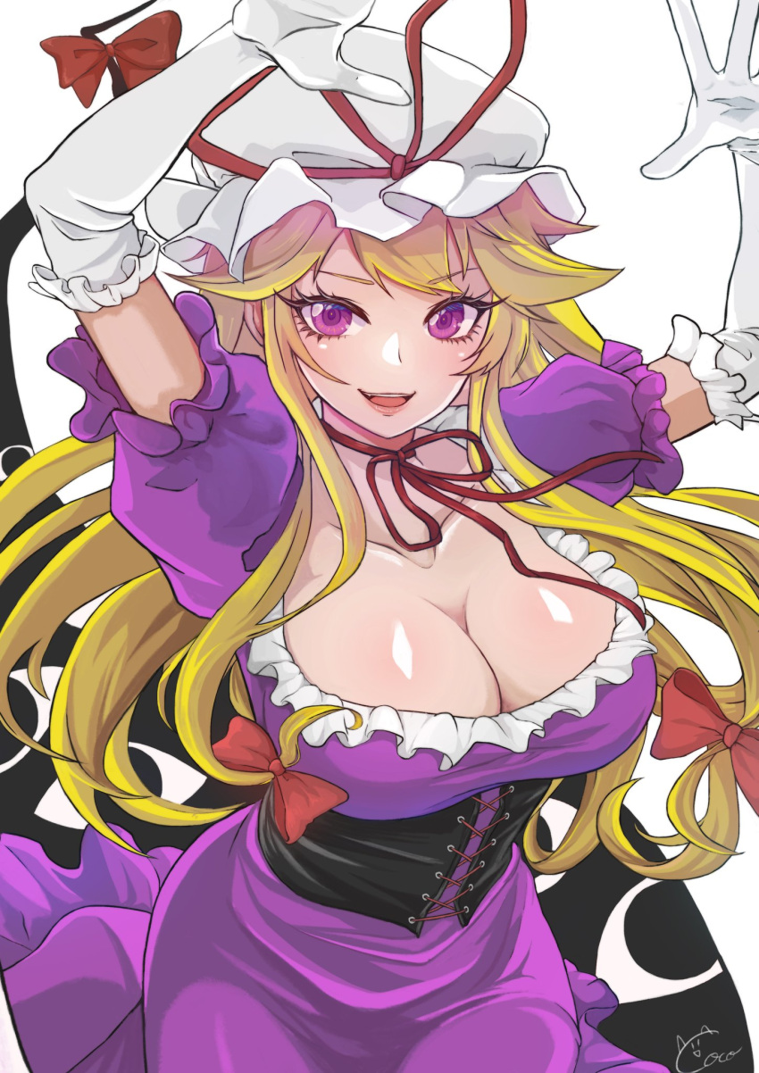 0002koko black_corset blonde_hair bow breasts cleavage collarbone commentary_request corset dress elbow_gloves female frilled_hat frills gap_(touhou) gloves hairbow hat hat_ribbon highres large_breasts looking_at_viewer mob_cap puffy_short_sleeves puffy_sleeves purple_dress purple_eyes red_ribbon ribbon short_sleeves signature smile solo touhou white_gloves white_hat yakumo_yukari