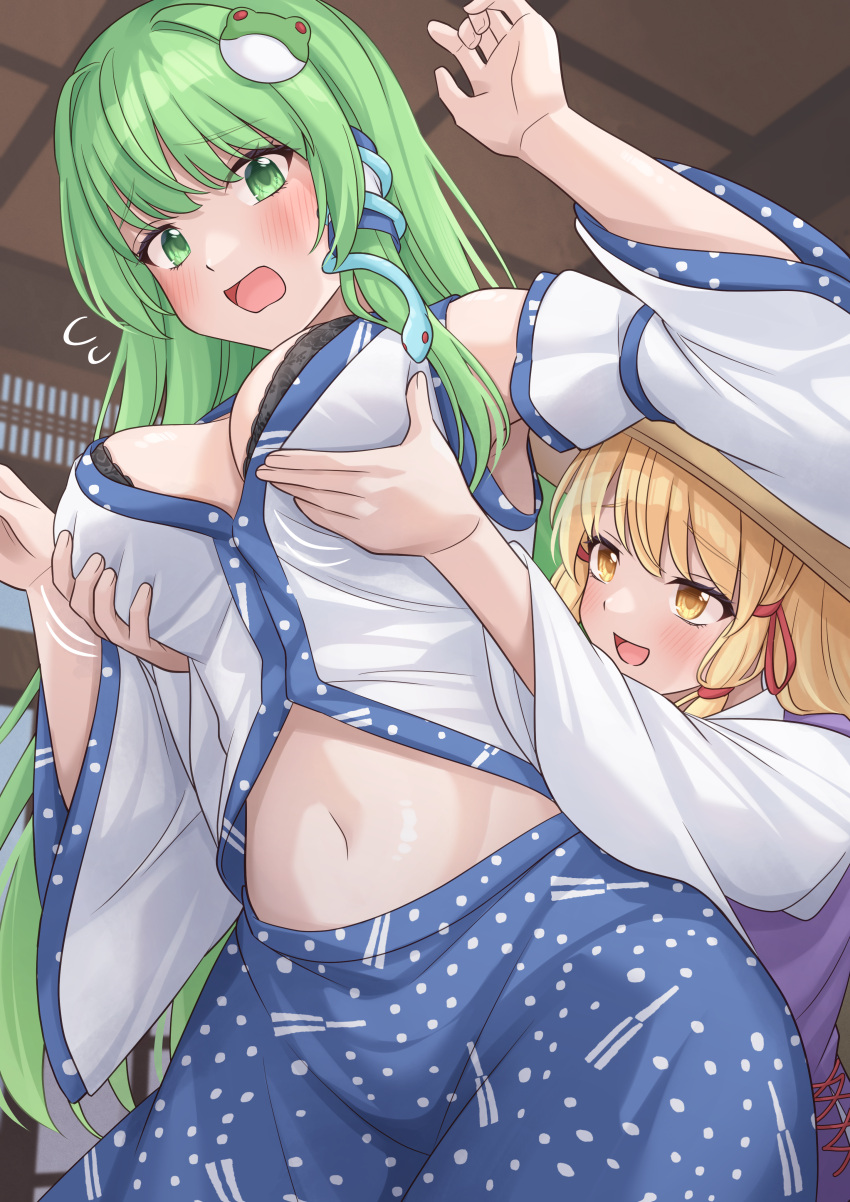 2girls absurdres bare_shoulders black_bra blonde_hair blue_skirt blush bra breasts brown_hat cleavage commentary_request detached_sleeves frog frog_hair_ornament grabbing_another's_breast grabbing_from_behind green_eyes green_hair groping hair_ornament hair_tubes hat highres indoors kochiya_sanae large_breasts long_hair long_sleeves looking_at_another moriya_suwako multiple_girls navel nipples nontraditional_miko open_mouth paid_reward_available purple_vest ramie_(ramie541) shirt skirt skirt_set smile snake snake_hair_ornament touhou underwear vest white_shirt wide_sleeves yellow_eyes