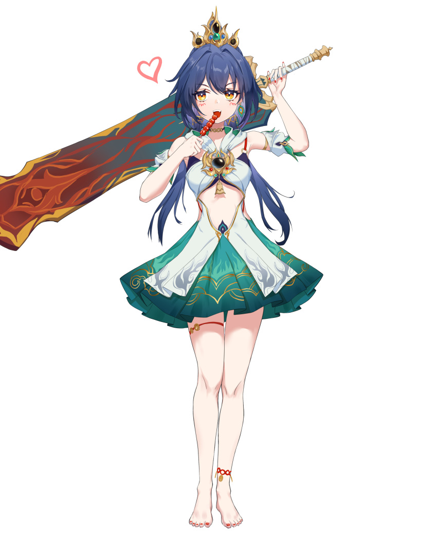 absurdres armpits barefoot blue_hair breasts brown_eyes chinese_clothes clothing_cutout dango eating female food full_body greatsword hair_between_eyes heart highres holding holding_food holding_sword holding_weapon honkai:_star_rail honkai_(series) long_hair looking_at_viewer nail_polish open_mouth simple_background small_breasts smile solo stomach_cutout sword sword_on_back teeth thigh_strap toenail_polish toenails toes twintails upper_teeth_only wagashi weapon weapon_on_back white_background yuanfendetiankong yunli_(honkai:_star_rail)