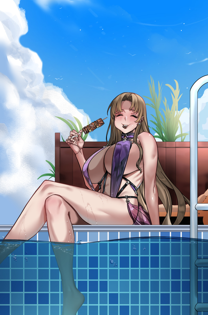 ^_^ alternate_costume bare_legs barefoot blush breasts brown_hair closed_eyes commission crossed_legs eating female food highres huge_breasts korean_commentary limbus_company pool pool_ladder project_moon purple_slingshot_swimsuit rhlatm rodion_(project_moon) sitting slingshot_swimsuit smile solo swimsuit yakitori