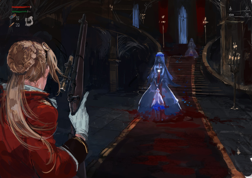 3girls blood bloodborne bolt_action boss_fight bouquet bridal_veil bride castle commentary_request dress eyewear_on_head fake_screenshot flower gameplay_mechanics ghost girls'_frontline gun highres horror_(theme) indoors lee-enfield lee-enfield_(girls'_frontline) long_hair monocle multiple_girls osakana_(denpa_yun'yun) parody red_carpet rifle stairs status_bar trigger_discipline veil weapon wedding_dress