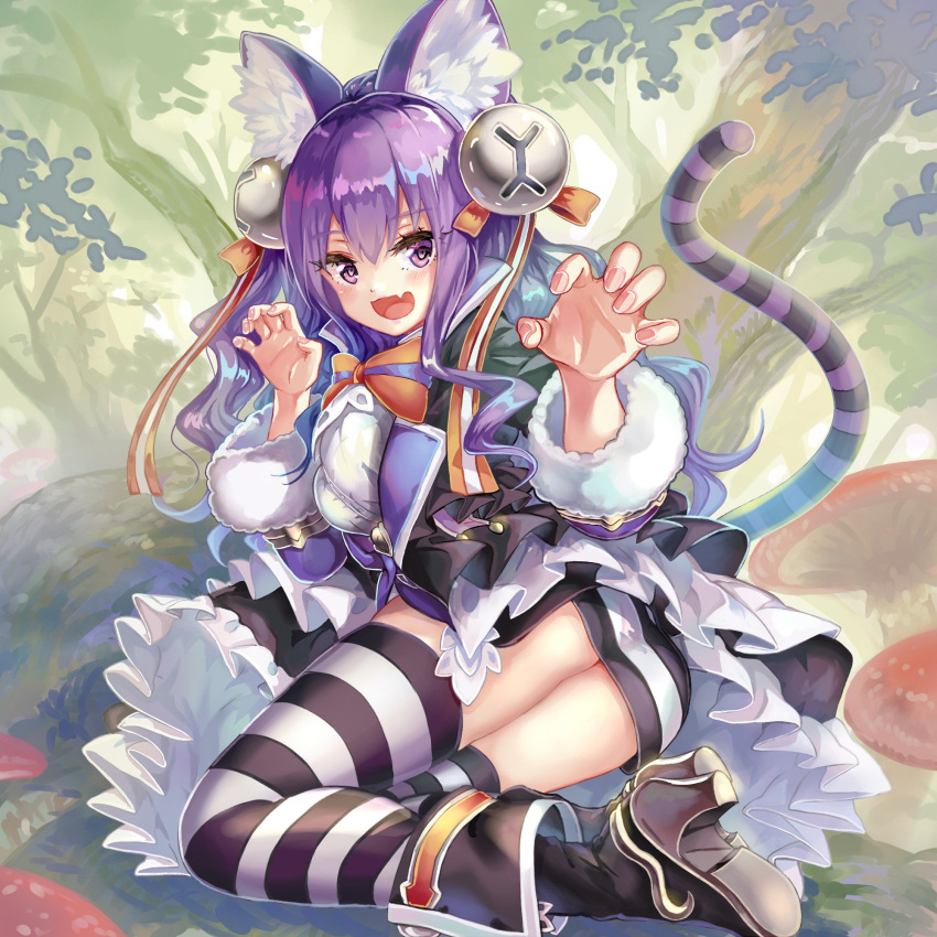 animal_ears ass black_footwear breasts cat_ears cat_tail cheshire_cat_(grimms_echoes) claw_pose female frills grimms_echoes guest_art highres long_hair oerba_yun_fang open_mouth pisuke purple_eyes purple_hair smile socks solo striped_clothes striped_socks tail