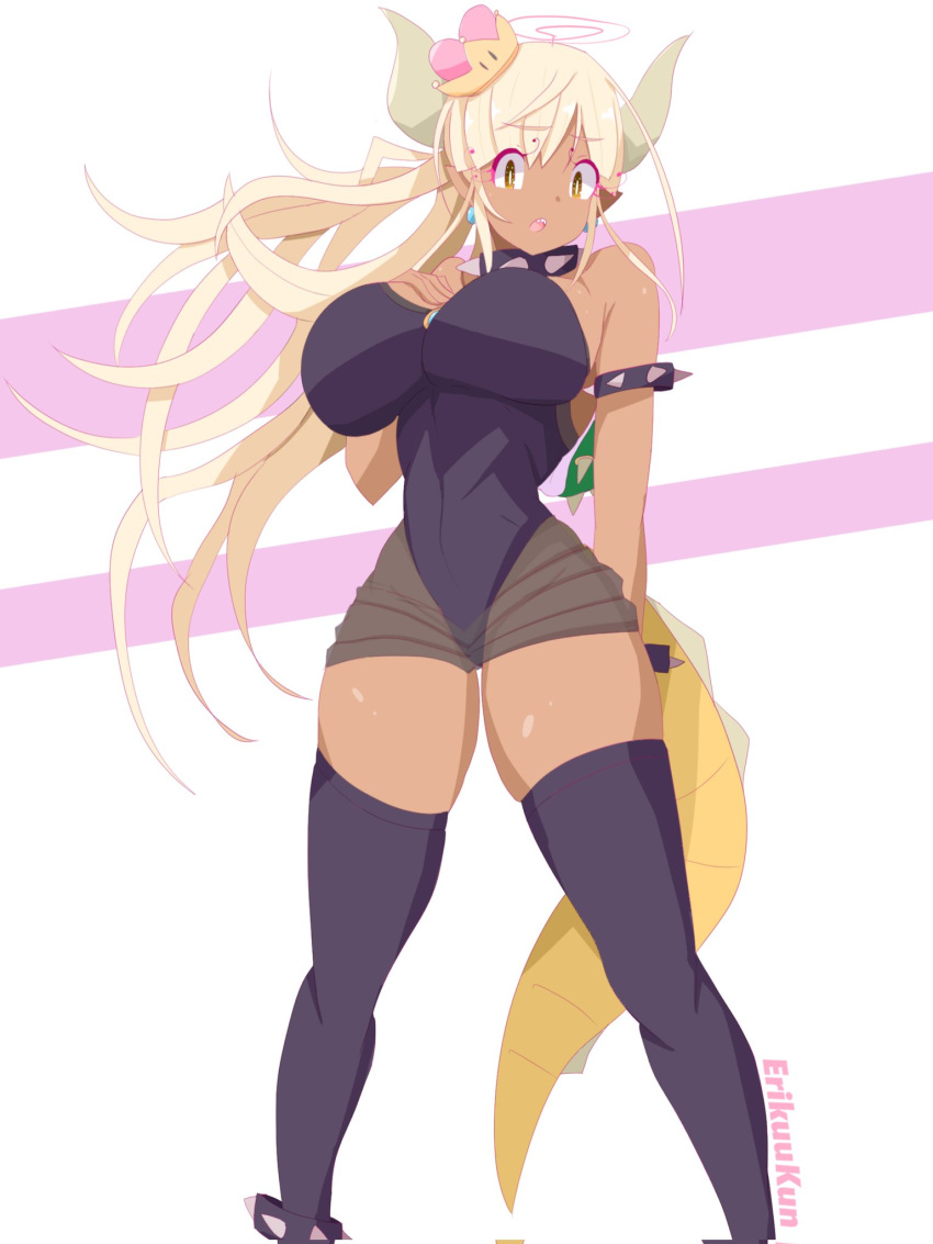 alternate_costume amano_nene_(vtuber) amano_nene_(vtuber)_(pajama) armlet black_dress black_leotard black_thighhighs blonde_hair bowsette bowsette_(cosplay) breasts commentary cosplay curvy dark-skinned_female dark_skin dragon_girl dragon_horns dragon_tail dress embarrassed erikuukun feet_out_of_frame female hands_on_own_chest highres hololive hololive_english horns jewelry large_breasts legs_apart leotard limiter_(tsukumo_sana) long_hair looking_at_viewer open_mouth ponytail see-through_clothes see-through_skirt sharp_teeth short_dress skindentation skirt solo spiked_armlet strapless strapless_dress strapless_leotard super_crown tail teeth thigh_gap thighhighs tsukumo_sana very_long_hair virtual_youtuber yellow_eyes