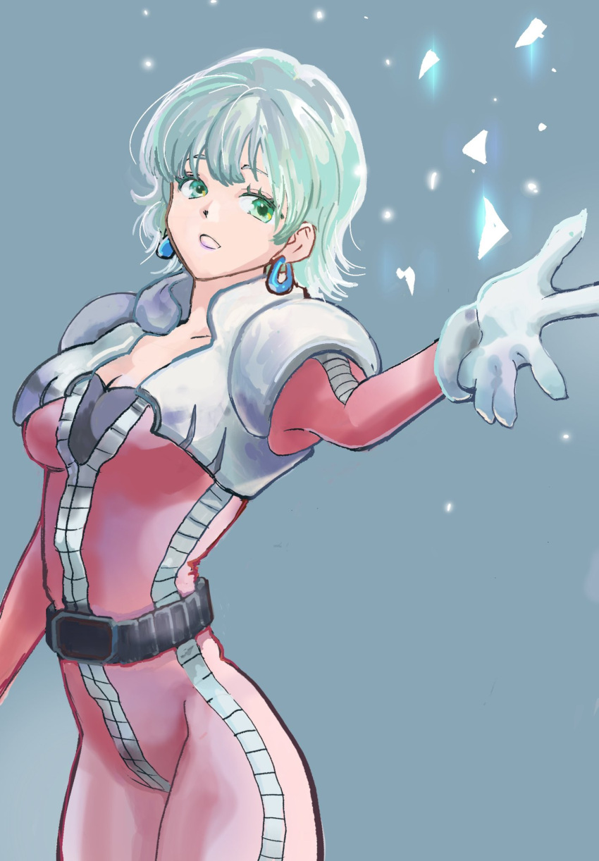 aina_saharin aqua_hair belt blue_background bodysuit breasts cleavage commentary_request earrings eyelashes female gloves green_eyes gundam gundam_08th_ms_team highres jewelry medium_breasts okrdisk2000 open_mouth outstretched_arm red_bodysuit simple_background solo white_gloves