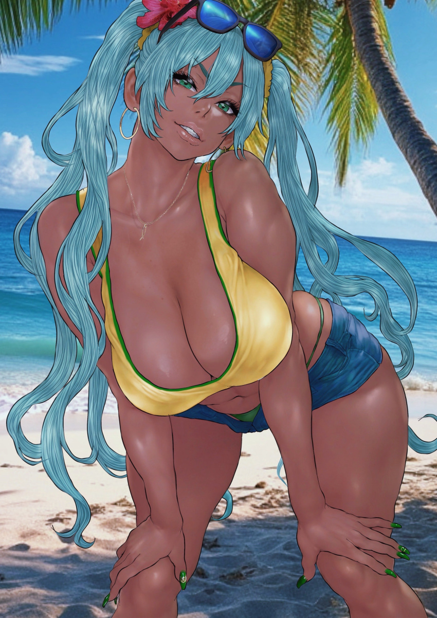 absurdres aqua_hair b_0_rukia bikini brazil brazilian_flag brazilian_flag_print brazilian_miku breasts dark-skinned_female dark_skin earrings eyewear_on_head female flower gold_earrings hair_flower hair_ornament hatsune_miku highres jewelry long_hair navel shirt shorts solo sunglasses swimsuit tan twintails vocaloid yellow_shirt