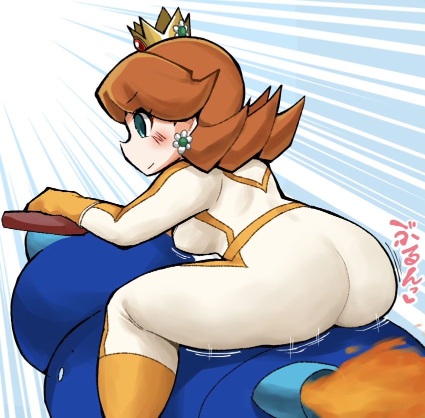 ass biker_clothes bikesuit bodysuit bouncing_ass bouncing_breasts breasts brown_hair commentary_request crown earrings exhaust_pipe female fire flower_earrings from_behind gloves gmkm7345 heart heart_print highres huge_ass jewelry mario_(series) mario_kart mario_kart_8 mario_kart_wii medium_hair motion_lines motor_vehicle official_alternate_costume orange_footwear orange_gloves princess_daisy racing_suit sideways_mouth skin_tight solo speed_lines translation_request white_bodysuit