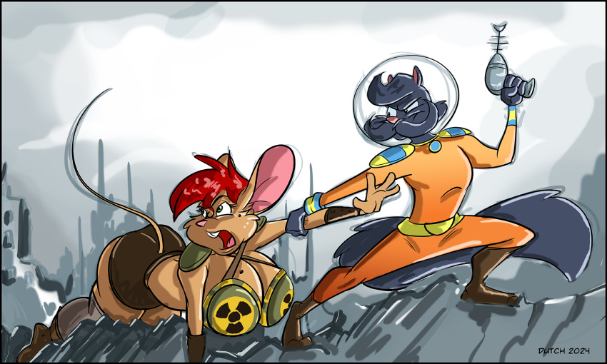 2024 abel_(ryusukanku) anthro big_breasts bottomwear breasts buckteeth clothed clothing digital_media_(artwork) duo dutch_(artist) facial_hair fallout female footwear green_eyes gulonine hazard_symbol hi_res huge_breasts male mammal markings marten microsoft misty_(dutch) misty_the_mouse mole_(marking) mouse moustache murid murine mustelid musteline open_mouth radiation_symbol ranged_weapon raygun rodent sable_(marten) symbol teeth topwear weapon