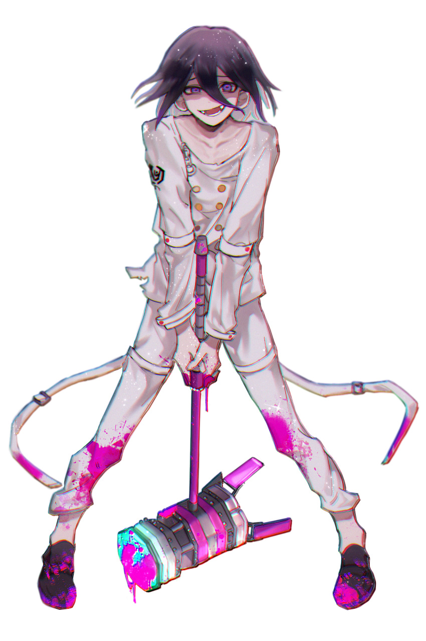 1boy arm_belt blood blood_on_clothes blood_on_hands blood_on_weapon blood_splatter buttons collarbone crazy_smile danganronpa_(series) danganronpa_v3:_killing_harmony fangs flipped_hair full_body hair_between_eyes half-closed_eye hammer highres holding holding_hammer legs_apart light_particles long_sleeves male_focus multicolored_buttons no_scarf oma_kokichi open_mouth pale_skin pants pink_blood shaded_face shirt short_hair simple_background smile solo standing straitjacket teeth thigh_strap tiisai-a weapon white_background white_pants white_shirt