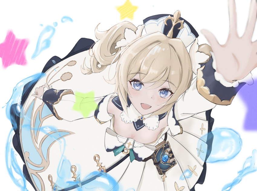 barbara_(genshin_impact) blonde_hair blue_eyes book bow breasts dress drill_hair female from_above genshin_impact hat highres long_sleeves looking_at_viewer open_mouth small_breasts smile solo twin_drills twintails user_muap8844 water white_dress