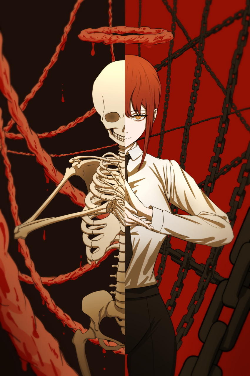 absurdres black_necktie black_pants blood blood_halo catlover_301 chains chainsaw_man collared_shirt female formal_clothes halo highres intestines liquid_halo long_sleeves looking_at_viewer makima_(chainsaw_man) necktie pants red_hair ringed_eyes shirt sidelocks skeleton smile solo white_shirt yellow_eyes