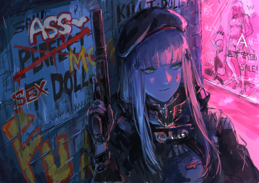 3girls beret blunt_bangs bound bound_wrists breasts commentary_request cuffs english_text facial_mark girls'_frontline gloves graffiti green_eyes gun handgun hat highres hk416_(girls'_frontline) holding holding_gun holding_weapon implied_prostitution jacket long_hair multiple_girls neon_lights osakana_(denpa_yun'yun) poster_(object) profanity shackles sitting solo_focus suppressor teardrop_facial_mark thighhighs trigger_discipline upper_body weapon