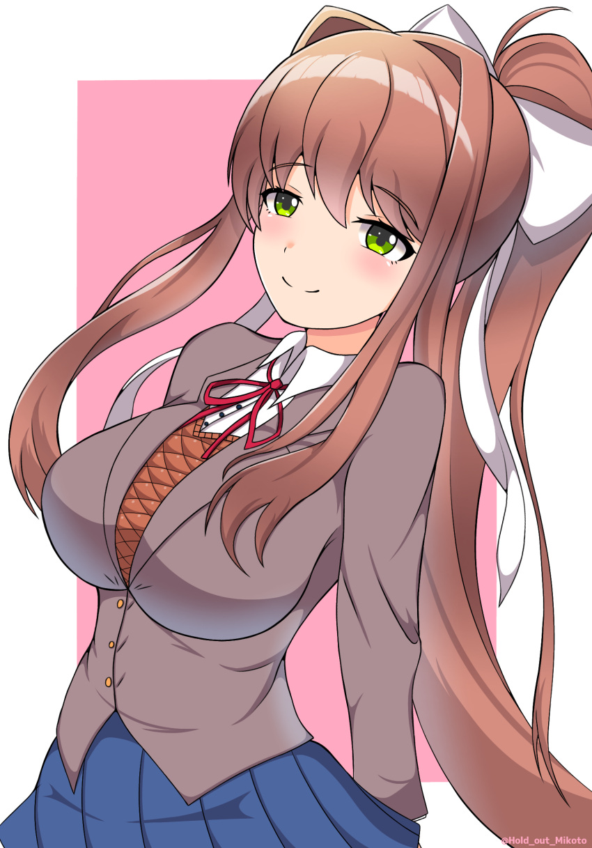 blue_skirt blush bow breasts brown_hair brown_sweater_vest brown_vest doki_doki_literature_club female green_eyes grey_jacket hair_intakes hairbow highres jacket large_breasts long_hair mikoto000813 monika_(doki_doki_literature_club) neck_ribbon ponytail ribbon school_uniform shirt skirt smile sweater_vest twitter_username vest white_bow white_shirt