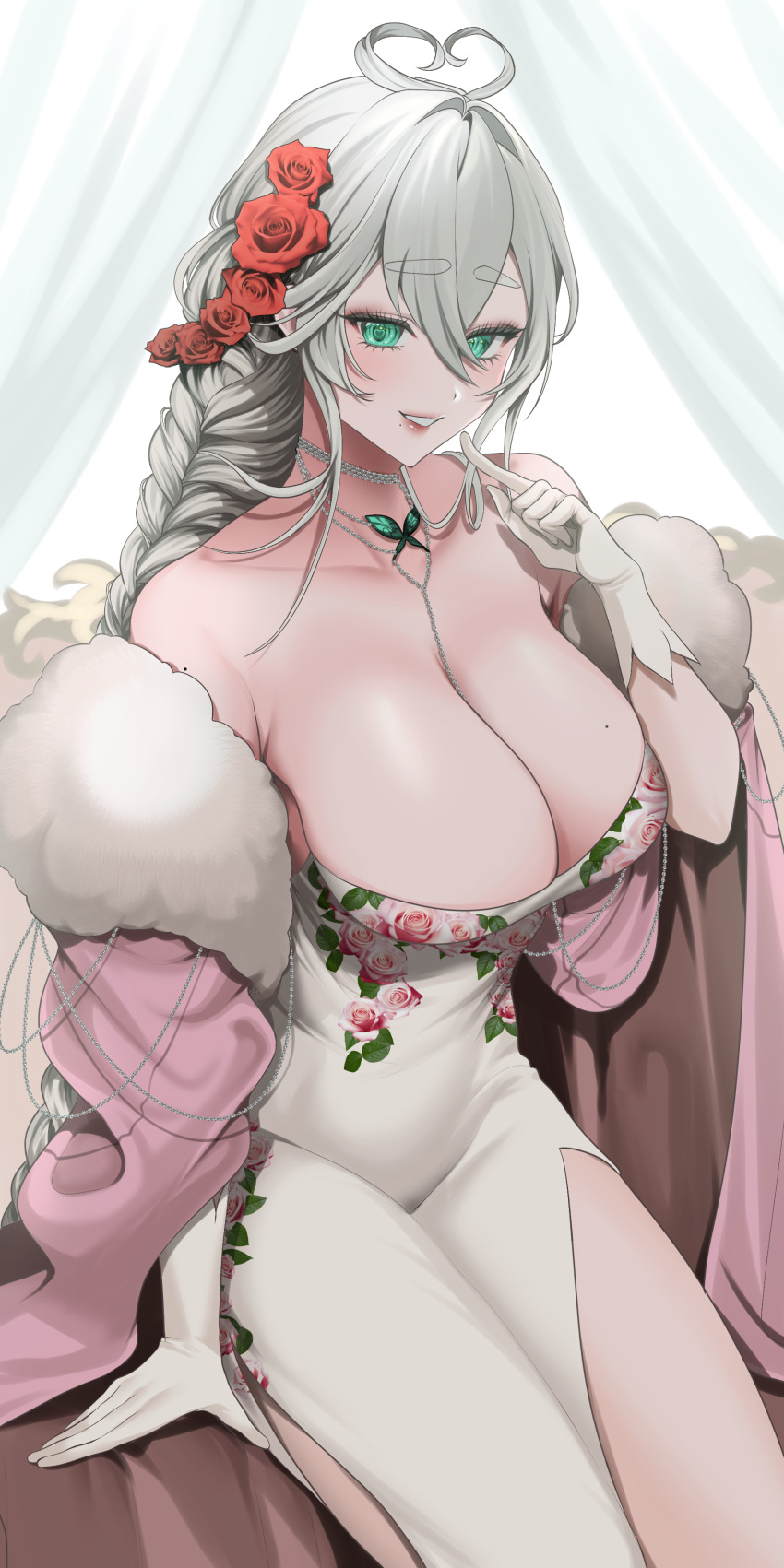 absurdres ahoge bare_shoulders breasts cleavage cloak collarbone commission dress eyelashes female floral_print flower fur-trimmed_cloak fur_trim gloves green_eyes grey_hair grin hair_between_eyes hair_flower hair_ornament heart heart-shaped_pupils heart_ahoge highres large_breasts long_braid long_hair mole mole_on_arm mole_on_breast mole_under_mouth original pink_cloak red_flower red_rose rose rose_print skeb_commission smile solo symbol-shaped_pupils white_dress white_gloves ymr_yamero