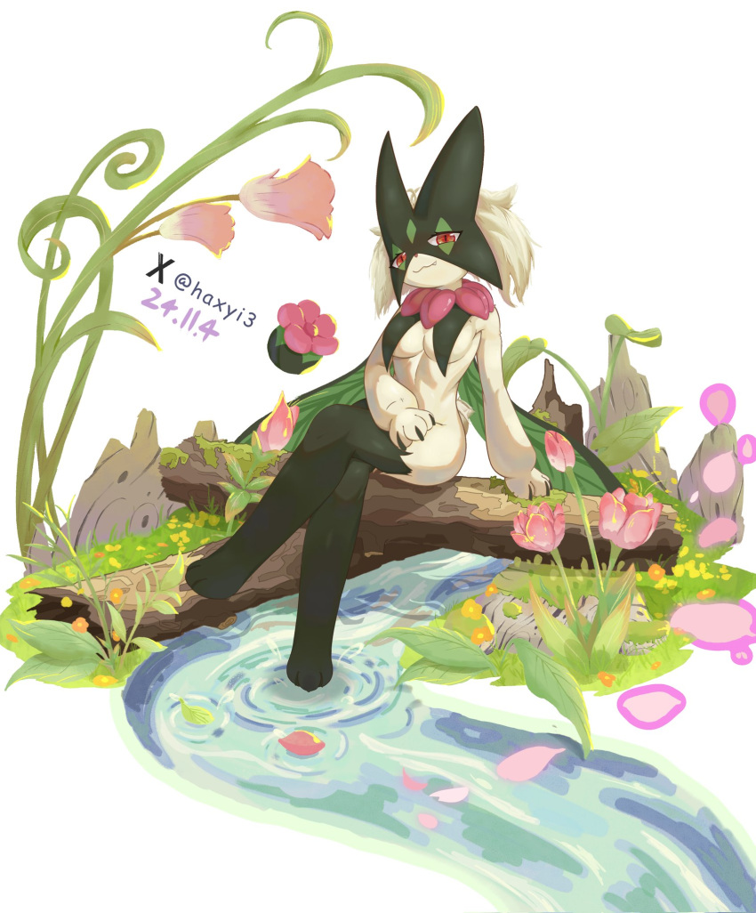 breasts cape dated female flower furry furry_female grass green_fur green_hair haxyi3 highres large_breasts log mask meowscarada oerba_yun_fang pink_eyes pokemon pokemon_(creature) ripples simple_background sitting smile solo twitter_username water white_background