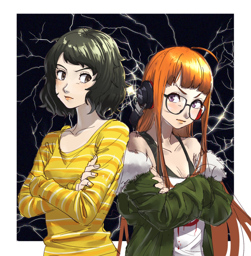 ahoge behind-the-head_headphones black_background black_bra black_hair blunt_bangs border bra breasts brown_eyes cleavage collarbone crossed_arms fur-trimmed_jacket fur_trim glaring glasses green_jacket headphones highres hime_cut horizontal-striped_clothes jacket kawakami_sadayo lightning_glare long_hair mature_female off-shoulder_shirt off_shoulder orange_hair persona persona_5 poechan_chan purple_eyes rivalry round_eyewear sakura_futaba shirt short_hair shoulder-to-shoulder sidelocks sideways_glance small_breasts sports_bra striped_clothes striped_shirt underwear upper_body white_border yellow_shirt