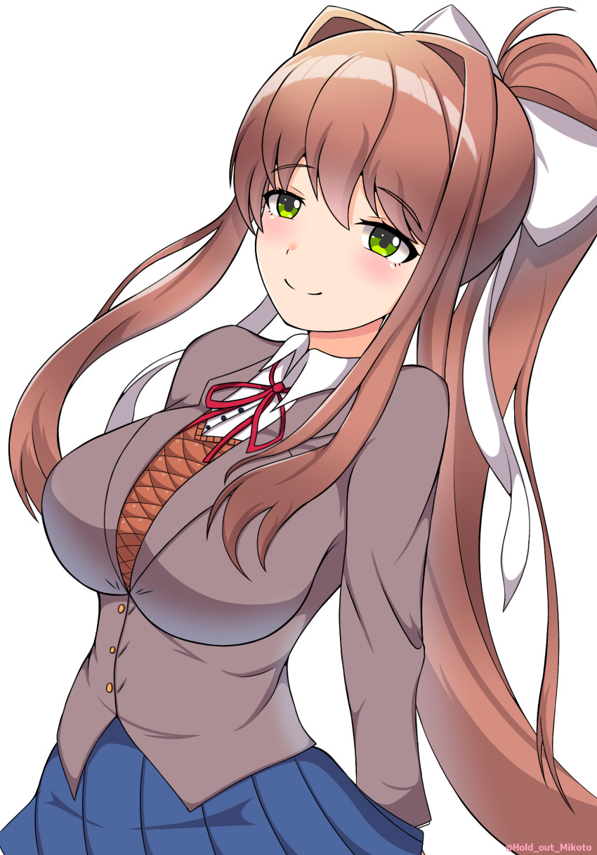 blue_skirt blush bow breasts brown_hair brown_sweater_vest brown_vest commentary_request doki_doki_literature_club female green_eyes grey_jacket hair_intakes hairbow highres jacket large_breasts long_hair mikoto000813 monika_(doki_doki_literature_club) neck_ribbon ponytail ribbon school_uniform shirt skirt smile sweater_vest twitter_username vest white_background white_bow white_shirt