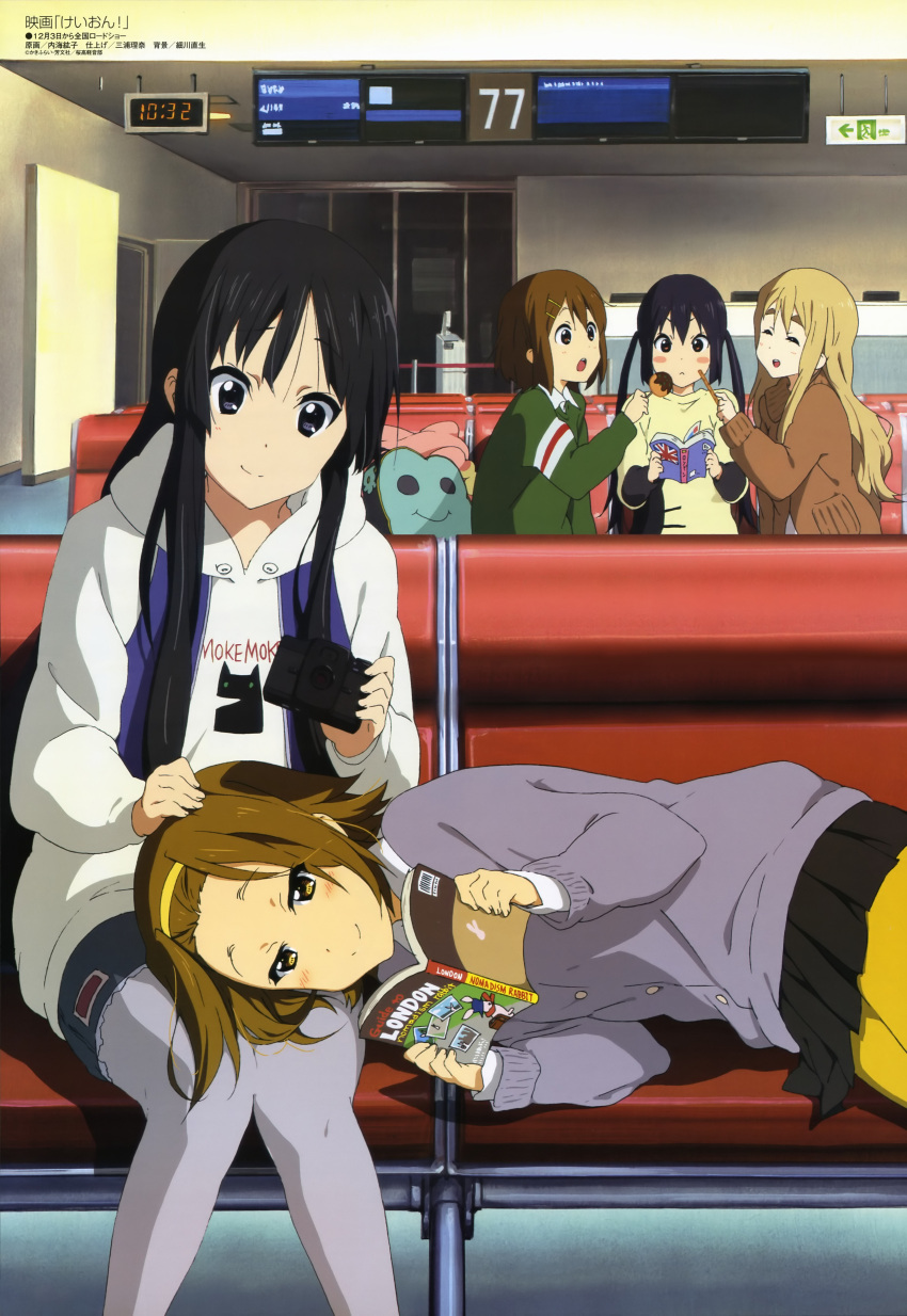 5girls :< :o absurdres airport akiyama_mio black_eyes black_hair blonde_hair blush blush_stickers book brown_hair camera casual cheek_poking closed_eyes closed_mouth feeding food girl_sandwich hairband hand_on_another's_head highres hirasawa_yui hood hoodie k-on! k-on!_movie kotobuki_tsumugi lap_pillow long_hair lying magazine_scan megami_magazine multiple_girls nakano_azusa official_art on_side open_book pantyhose poking reading sandwiched scan short_hair sitting skirt smile tainaka_ritsu thick_eyebrows twintails union_jack utsumi_hiroko v-shaped_eyebrows very_long_hair yellow_legwear