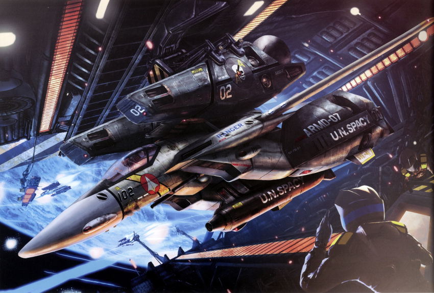 1980s_(style) 3boys absurdres aircraft airplane battle choujikuu_yousai_macross cockpit earth_(planet) explosion fighter_jet gunpod hangar helmet highres jet macross macross:_do_you_remember_love? military military_vehicle multiple_boys non-web_source official_art pilot_suit planet realistic retro_artstyle scan science_fiction sdf-1 space spacesuit tenjin_hidetaka u.n._spacy variable_fighter vehicle_focus vf-1 vf-1_super