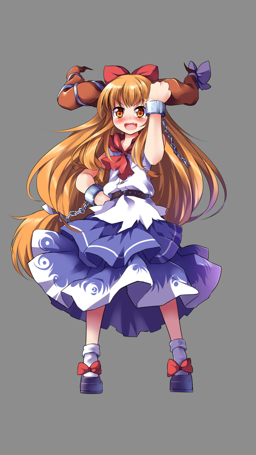 absurdres blush bow brown_eyes brown_hair chains commentary_request cuffs dress drunk female grey_background hairbow hand_on_own_hip highres horns huangquan_dong_(sinchi) ibuki_suika long_hair open_mouth photoshop_(medium) simple_background solo touhou