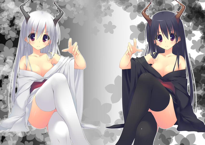 2girls arthropod_girl bad_id bad_link bad_nicoseiga_id bare_shoulders black_hair black_legwear breasts cleavage collarbone crossed_legs gradient_background hands highres horns ite_fuji japanese_clothes legs looking_at_viewer monster_girl multiple_girls off_shoulder original photoshop_(medium) red_eyes silver_hair sitting small_breasts symmetry tareme thighhighs white_hair white_legwear