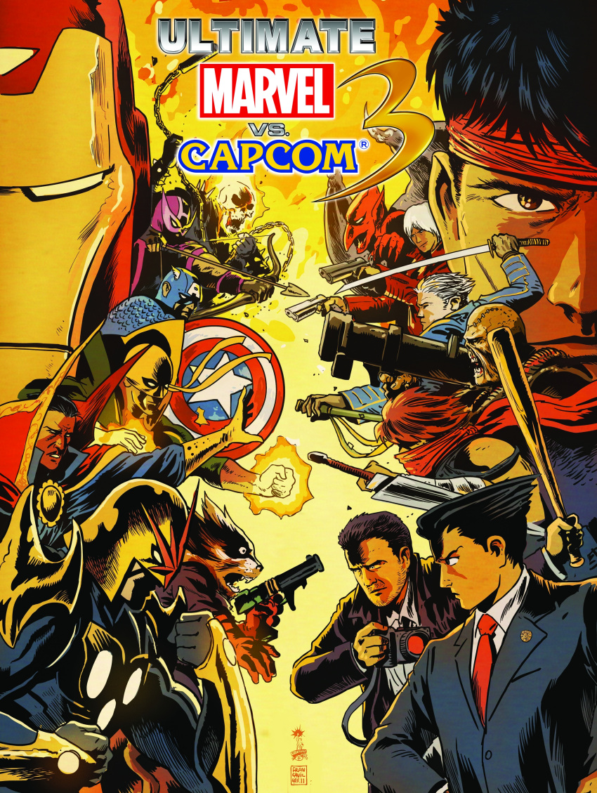 6+boys absurdres capcom captain_america clint_barton crossover dante_(devil_may_cry) dead_rising devil_may_cry_(series) devil_may_cry_3 doctor_strange franceso_francavilla frank_west ghost_rider gyakuten_saiban hawkeye_(marvel) highres iron_fist_(marvel) iron_man makaimura male_focus marvel marvel_vs._capcom marvel_vs._capcom_3 multiple_boys mystical_high_collar naruhodou_ryuuichi nemesis_(resident_evil) nova_(marvel) official_art opposing_sides photoshop_(medium) red_arremer resident_evil resident_evil_3:_nemesis retro_artstyle rocket_raccoon ryu_(street_fighter) steve_rogers street_fighter strider_(video_game) strider_hiryuu tony_stark vergil_(devil_may_cry) wizard