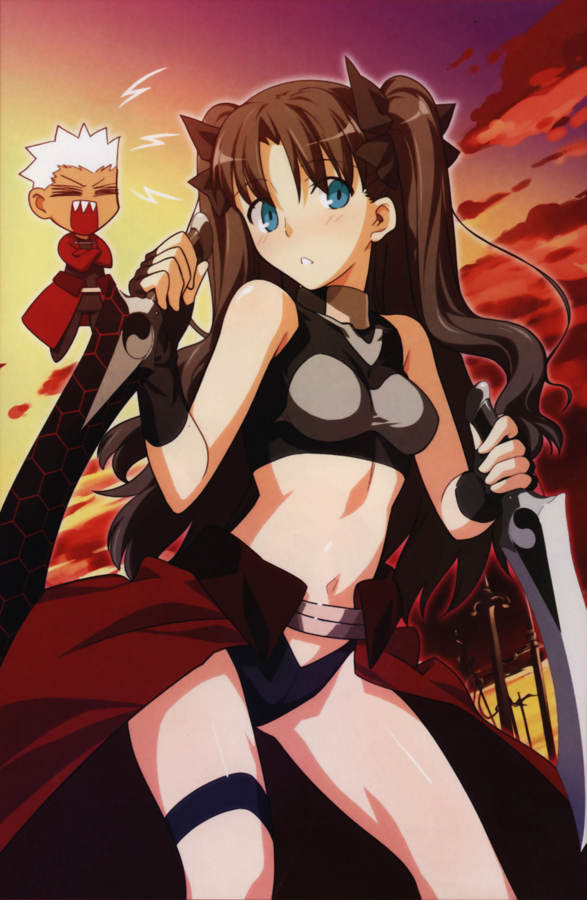 1boy absurdres archer_(fate) archer_(fate)_(cosplay) bare_legs bare_shoulders blue_eyes blush brown_hair chibi cosplay crop_top dao dual_wielding fate/stay_night fate_(series) female hair_ribbon halterneck highres holding kanshou_&_bakuya_(fate) legs long_hair midriff navel official_alternate_costume photoshop_(medium) ribbon sleeveless sleeveless_turtleneck sword takeuchi_takashi tohsaka_rin turtleneck two_side_up weapon white_hair