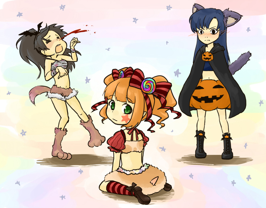 3girls animal_hands bandages bat_(animal) blood blush boots bow bubble_skirt candy cape closed_eyes commentary_request costume facial_tattoo food ganaha_hibiki hair_ornament hairbow halloween hamster_costume hamster_tail idolmaster idolmaster_(classic) jack-o'-lantern kisaragi_chihaya kome-me lollipop multiple_girls navel nosebleed pumpkin pumpkin_pants sarashi sitting skirt star_(symbol) staring tail takatsuki_yayoi tattoo wariza werewolf wolf_tail