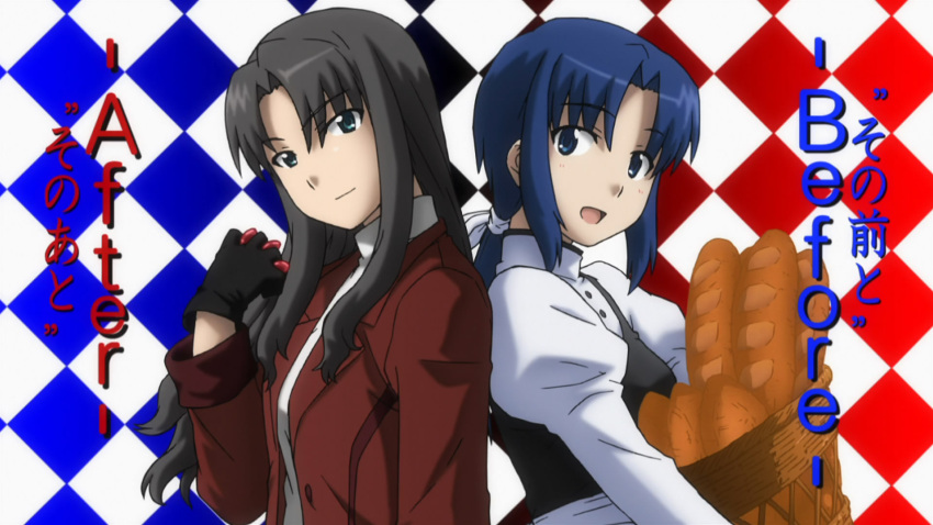 2girls aged_down aged_up alternate_hairstyle argyle_background back-to-back baguette basket bread carnival_phantasm ciel_(tsukihime) crossover elesia fate/stay_night fate_(series) food gloves green_eyes highres imageboard_desourced long_hair multiple_girls non-web_source ponytail sidelocks teenage tohsaka_rin tsukihime type-moon