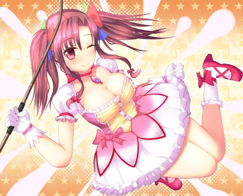 95-tan bobby_socks bow bow_(weapon) breasts brooch choker cleavage commentary_request cosplay dress female gloves hairbow jewelry kaname_madoka kaname_madoka_(cosplay) kaname_madoka_(magical_girl) large_breasts mahou_shoujo_madoka_magica mahou_shoujo_madoka_magica_(anime) one_eye_closed os-tan red_eyes red_hair short_hair short_twintails sidelocks socks solo star_(symbol) toki_(tokinokogiri) twintails weapon white_gloves