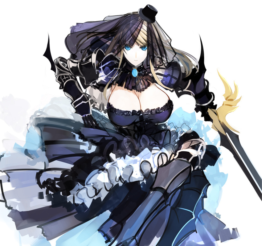 armor armored_dress blonde_hair blue_eyes breasts bursting_breasts cleavage cleavage_cutout clothing_cutout commentary_request dress elf female highres huge_breasts long_hair looking_at_viewer pixiv_fantasia pixiv_fantasia_wizard_and_knight pointy_ears pupps solo sword weapon white_background