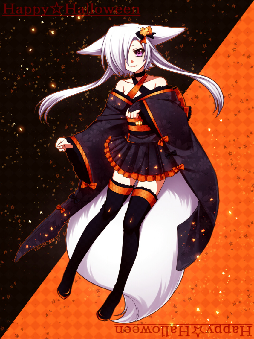 aika_(konshin) animal_ears commentary_request female hair_ornament hair_over_one_eye halloween happy_halloween highres konshin long_hair original purple_eyes short_hair_with_long_locks solo tail white_hair