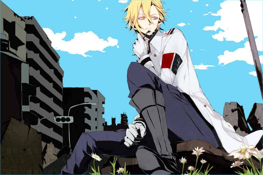 bambino blonde_hair daryl_yan flowers gloves guilty_crown male sky