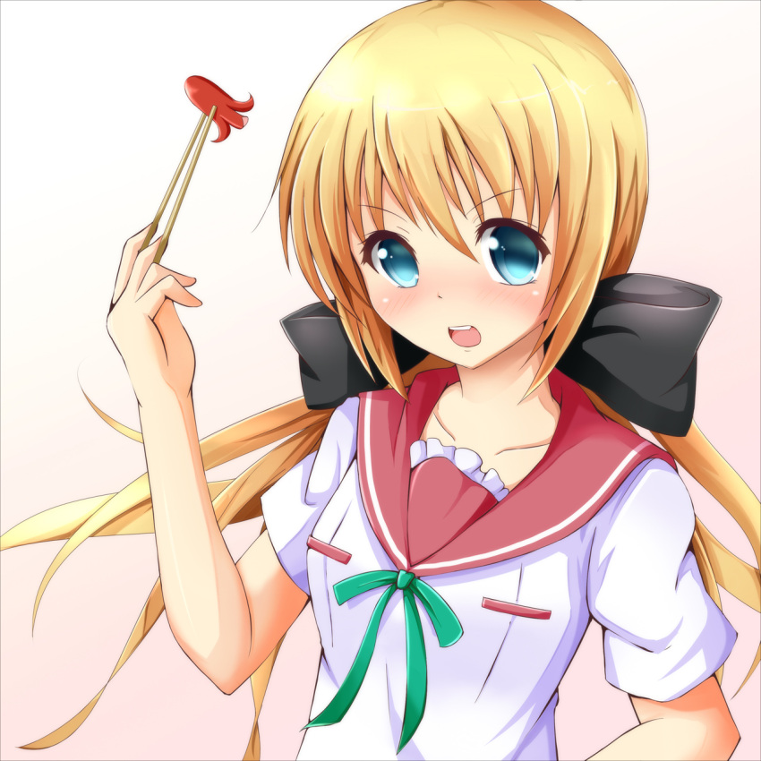 blonde_hair blue_eyes blush borrowed_character bow chopsticks collarbone commentary_request female food food_art gradient_background hairbow highres kuu_(agekichi) long_hair ok-ray open_mouth original photoshop_(medium) school_uniform solo tako-san_wiener upper_body