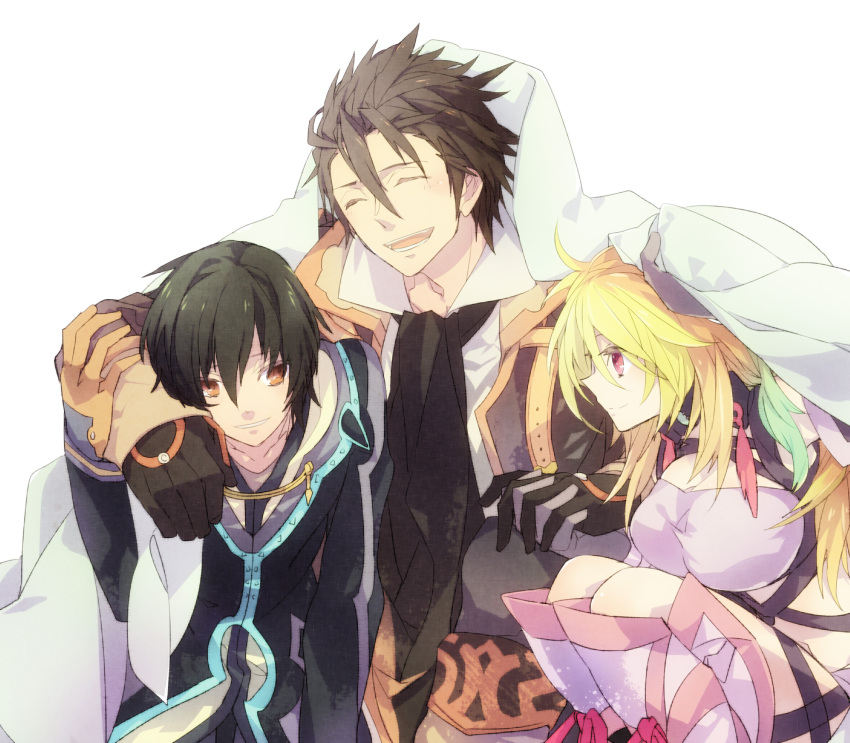 2boys alvin_(tales) bed_sheet black_hair blonde_hair brown_hair commentary_request emonak female gloves highres hug jude_mathis milla_maxwell multiple_boys purple_eyes scarf smile tales_of_(series) tales_of_xillia yellow_eyes