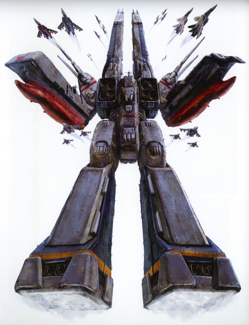 1980s_(style) absurdres choujikuu_yousai_macross daedalus flying highres macross mecha military no_humans non-web_source prometheus_(ship) realistic retro_artstyle robot scan science_fiction sdf-1 spacecraft storm_attacker tenjin_hidetaka thrusters vf-1 vf-1a vf-1j vf-1s