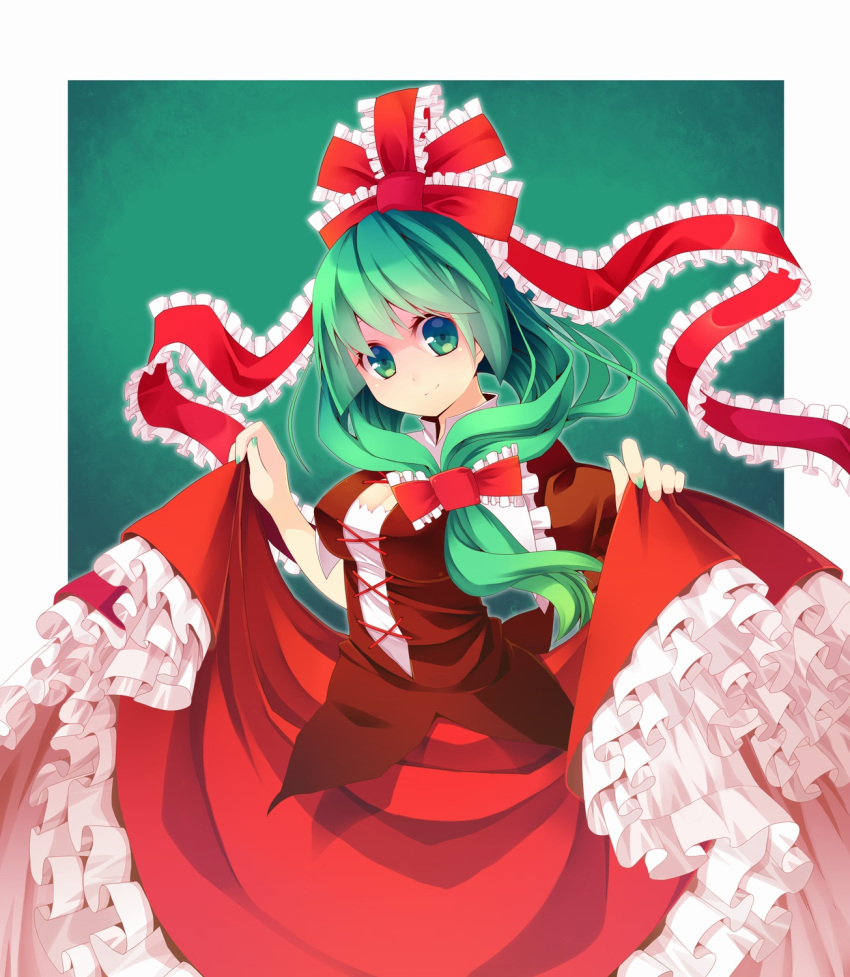 bow breasts cleavage commentary_request dress female frills front_ponytail green_eyes green_hair hair_ribbon hairbow highres kagiyama_hina long_hair medium_breasts nomu_(29_nom) petticoat ribbon skirt skirt_hold smile solo touhou