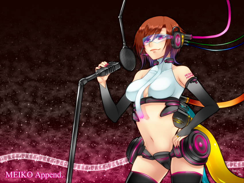 belt brown_hair crop_top elbow_gloves female gloves goggles headphones headset highres meiko_(vocaloid) microphone midriff navel necktie nez-doll red_eyes short_hair smile solo thighhighs vocaloid vocaloid_append