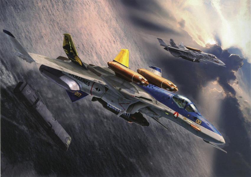 2boys absurdres aircraft airplane canards cloud daedalus fighter_jet flying gunpod highres jet macross macross_zero military military_vehicle missile multiple_boys non-web_source ocean realistic scan science_fiction ship tenjin_hidetaka u.n._spacy variable_fighter vehicle_focus vf-0 vf-0d watercraft