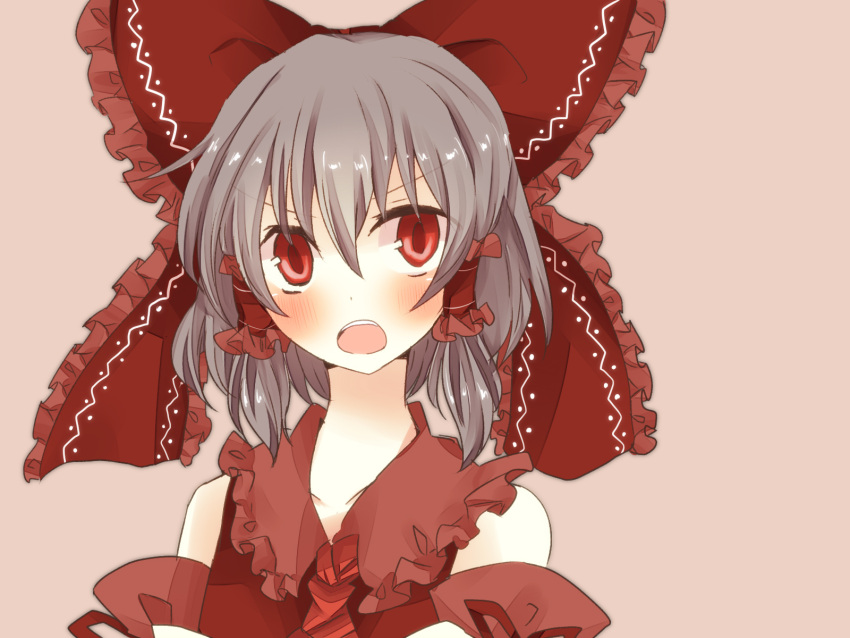 ascot bad_id bad_pixiv_id blush bow brown_hair detached_sleeves dress female hair_tubes hairbow hakurei_reimu highres open_mouth pasutel photoshop_(medium) red_dress red_eyes simple_background solo touhou