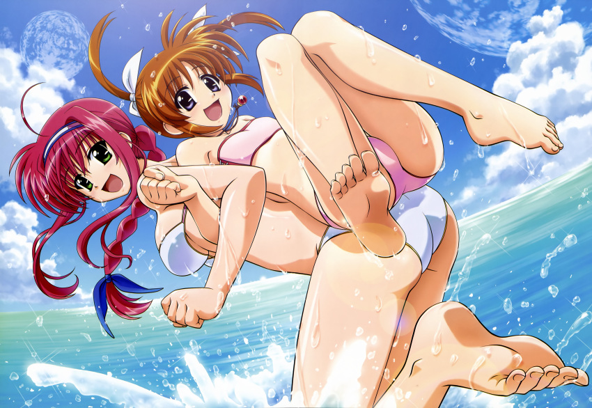 2girls :d absurdres amitie_florian back-to-back bandeau barefoot bikini braid brown_hair cloud day feet hairband highres imageboard_desourced jewelry legs locked_arms lyrical_nanoha mahou_shoujo_lyrical_nanoha mahou_shoujo_lyrical_nanoha_a's mahou_shoujo_lyrical_nanoha_a's_portable:_the_gears_of_destiny moon multiple_girls necklace non-web_source nyantype ocean official_art open_mouth outdoors shinozaki_akira short_twintails sky smile soles swimsuit takamachi_nanoha toes twintails water wet