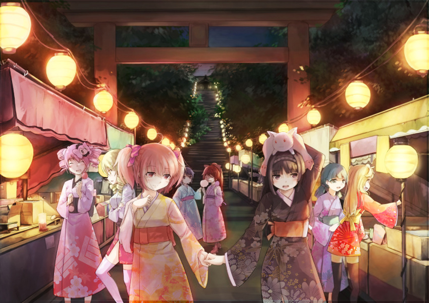 6+girls akemi_homura animal animal_on_head black_legwear blush bow candy_apple charlotte_(madoka_magica) commentary_request cotton_candy drill_hair extra festival floral_print food girl_with_bear_(madoka_magica) hair_ornament hairband hairbow holding_hands japanese_clothes kaname_madoka kanoko_(pattern) kimono kyuubee lantern mahou_shoujo_madoka_magica mahou_shoujo_madoka_magica_(anime) miki_sayaka multiple_girls night obi on_head paper_lantern personification photoshop_(medium) ponytail revision sakura_kyoko sash short_kimono short_twintails short_yukata shrine spirtie stairs summer summer_festival thighhighs tibetan_girl_(madoka_magica) tomoe_mami torii twin_drills twintails water_yoyo white_legwear yukata zettai_ryouiki